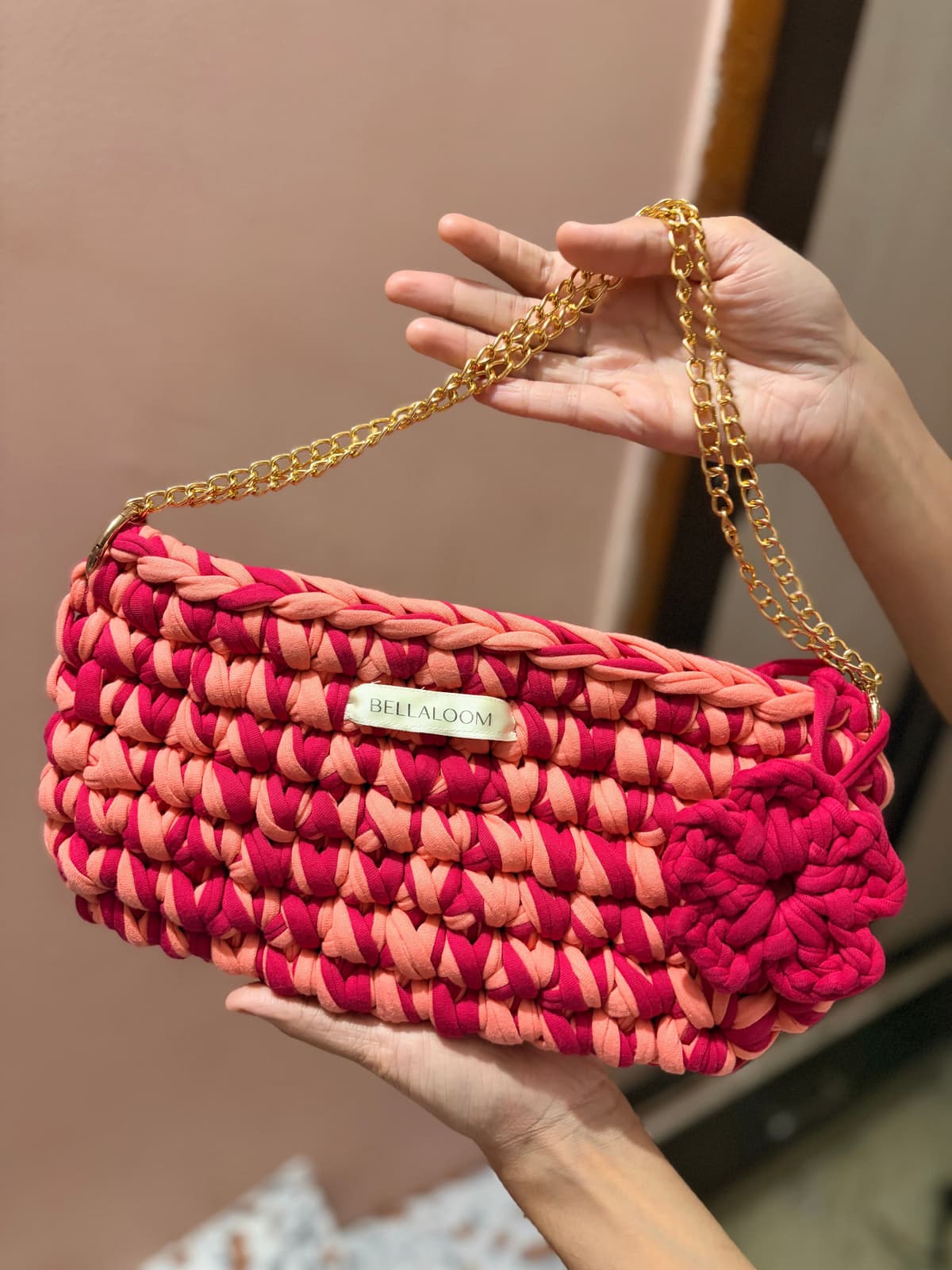 Pink and berry crochet baguette bag with gold anti-tarnish chain strap in India, BELLALOOM luxury accessories